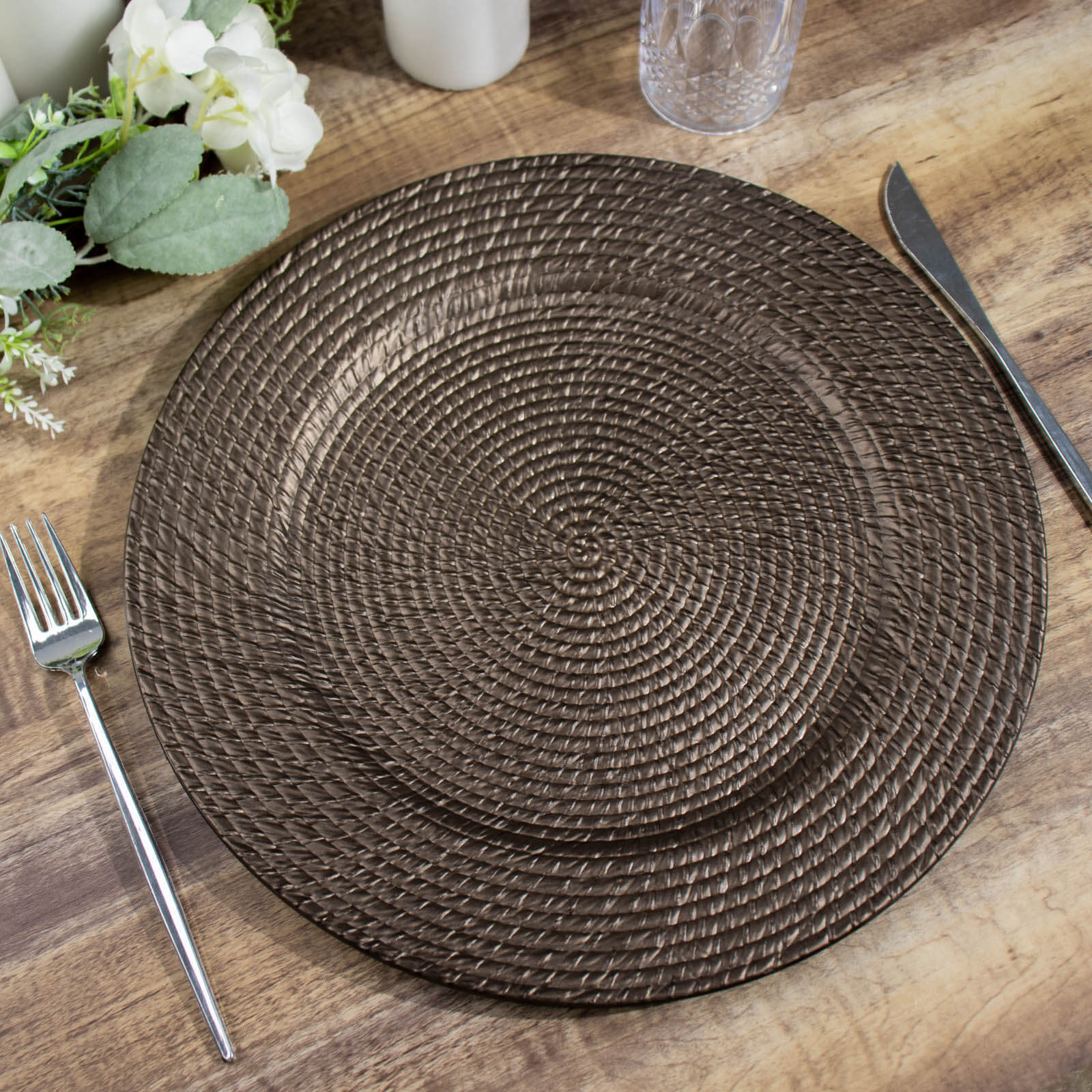 6-Pack Acrylic Charger Plates 13" Round Natural Brown with Rattan-Like Design - Farmhouse Disposable Plastic Charger Tableware