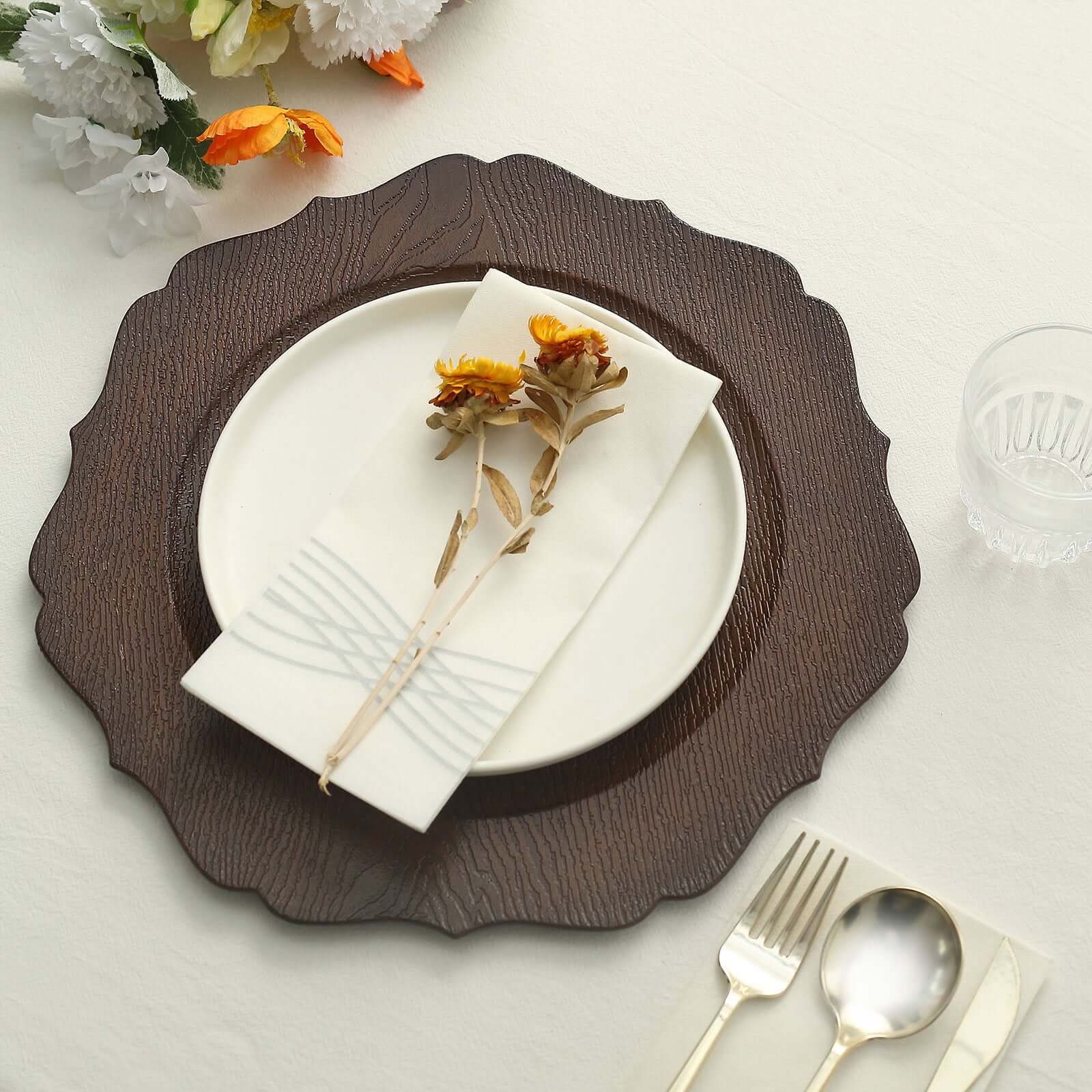 6-Pack Acrylic Charger Plates 13" Round Rustic Brown with Wood Grain Scalloped Rim - Dinner Charger Tableware - Image 8