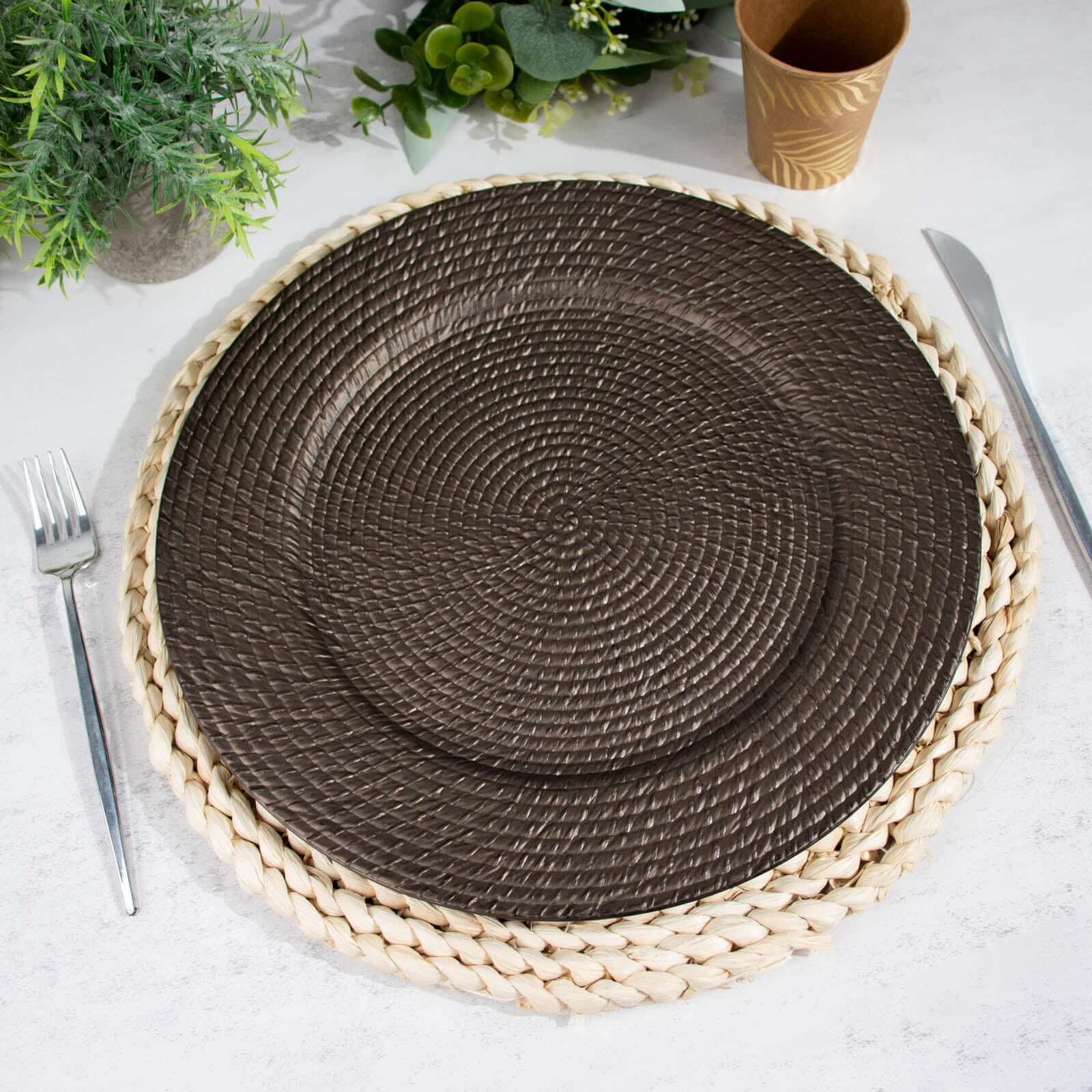 6-Pack Acrylic Charger Plates 13" Round Natural Brown with Rattan-Like Design - Farmhouse Disposable Plastic Charger Tableware - Image 10