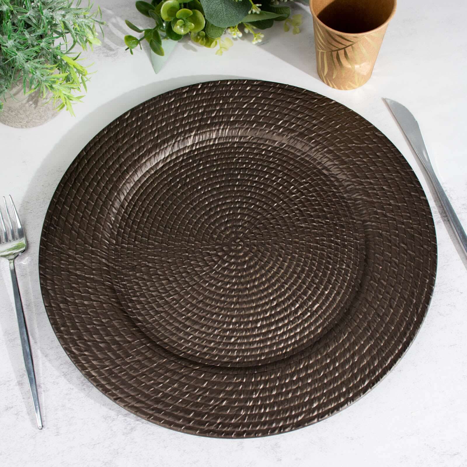 6-Pack Acrylic Charger Plates 13" Round Natural Brown with Rattan-Like Design - Farmhouse Disposable Plastic Charger Tableware - Image 9