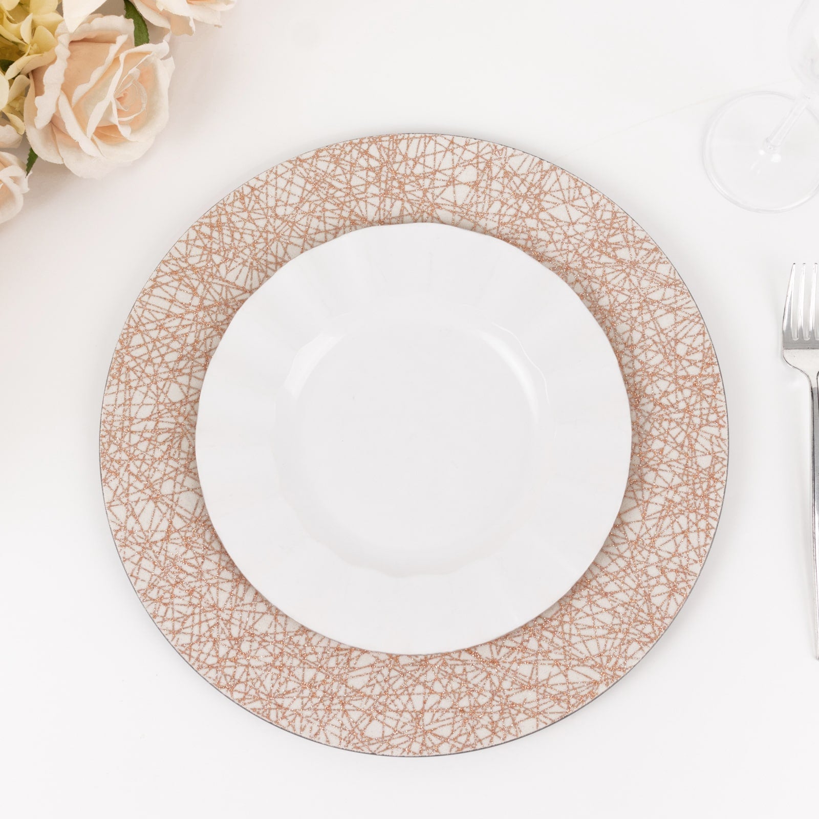 6-Pack Acrylic Charger Plates 13" Round Rose Gold with Glitter Abstract Lines Pattern - Decorative Dinner Party Charger Tableware - Image 5